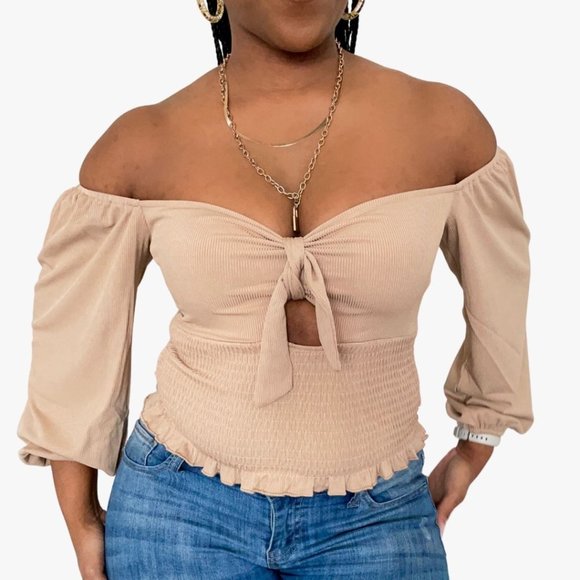 (NWT) Smocked Keyhole Off-Shoulder Top - Khaki - Picture 5 of 6